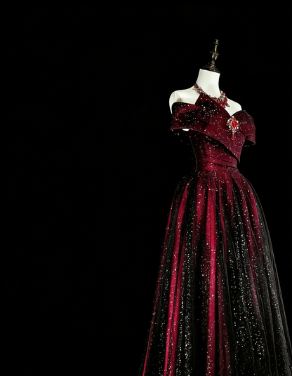 Dreamy Prom Dresses Vintage 90s Retro Off The Shoulder A line Burgundy Black Long Formal Outfits N2374