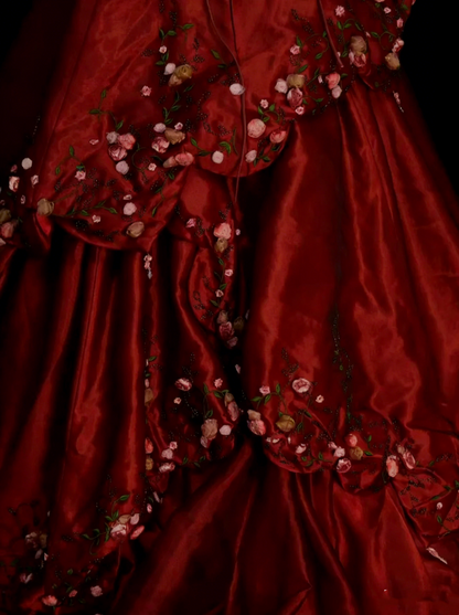 Sweet Ball Gown One Shoulder Dark Red Satin With Tiered Layers Ruffles Long Party Gowns Prom Dresses N2241