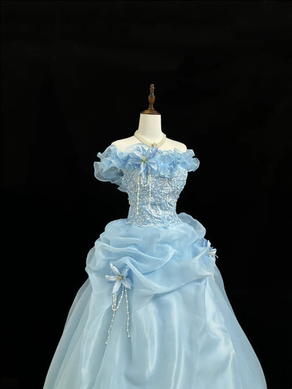 Blue Sweet 16 Dresses Long Ball Gown Off Shoulder With Ruffled Lace Sweet Sixteen Birthday Gown RC0229