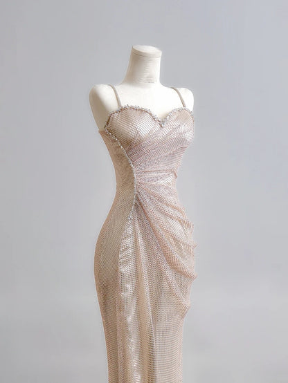 Modest Mermaid Spaghetti Straps Champagne Sequin Long Prom Dresses Impress 18th Birthday Outfits Party Gown N385