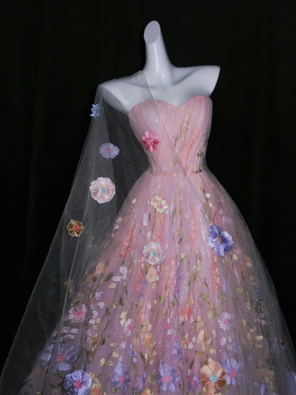Cute Ball Gown Strapless Pink Sleeveless Floral Tulle Long Quinceanera Dresses Sweet 15 16 Birthday Outfits N1085