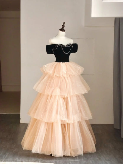 Princess Ball Gown Off The Shoulder Tulle Champagne College Formal Outfit Prom Graduation Dresses For Teens N1348