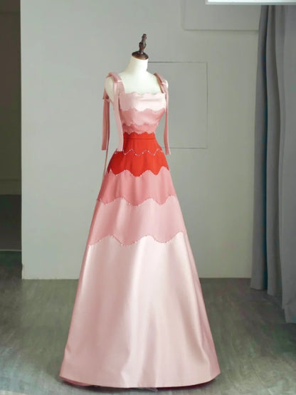 Ball Gown Straps Pink Satin Long Prom Dress Fashion Aesthetic High School Formal Dresses Party Outfits Prom Gown N681