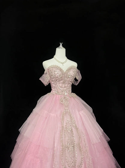 Sweet 15 Quinceanera Dress Ball Gown Off Shoulder Pink With Gold Lace Sleeves Long 15th Birthday Gown RC0318