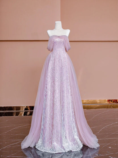 Sparkly A line Off The Shoulder Pink Sequined With Short Sleeves Formal Evening Dress Gowns Long Prom Dresses N723