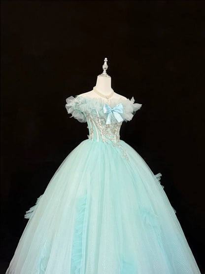 Blue Sweet 16 Dresses Long Ball Gown Off Shoulder Tulle Formal Sweet Sixteen Birthday Gown RC0238