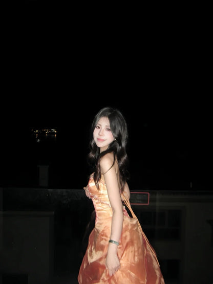 Elegant A Line Sweetheart Organza Orange With Beading Prom Dresses Formal Outfit Evening Night Dress RB8242