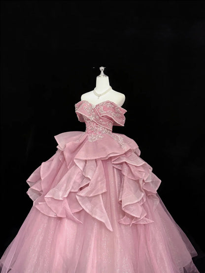 Tulle Prom Dress Long Floor Length Ball Gown Off Shoulder Pink With Sleeves Lace Formal Evening Gown For Women RC0267