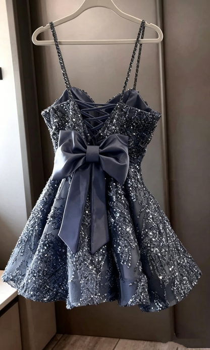 Classy Ball Gown Spaghetti Straps Dusty Blue Sequin Mini Short High School Impress Inspo Graduation Dress Homecoming Dresses RB3322