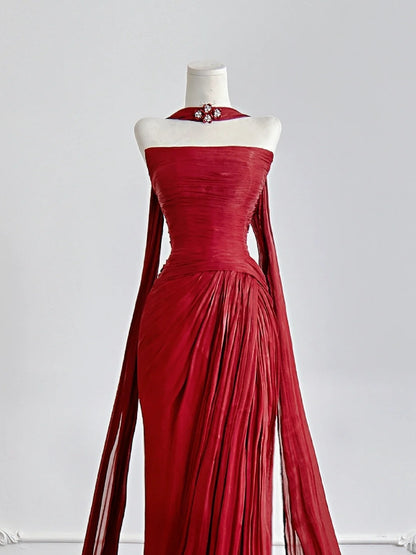 Timeless Mermaid Strapless Red Chiffon With Scarf Slit Long Prom Dresses Inspiration Party Gowns N307