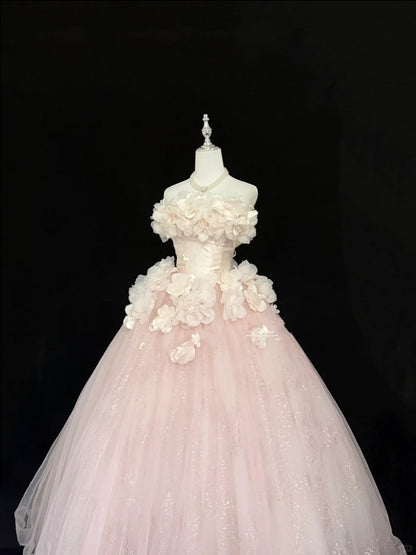 Sweet 16 Dresses Long Ball Gown Sweet Sixteen Long Birthday Dress Strapless 3D Flowers Pink Formal Gown RC0300
