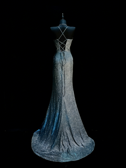 Chic Mermaid Spaghetti Strap Navy Blue Sequin Long Party Dresses Prom Dresses Impress Wedding Guest Dress N926