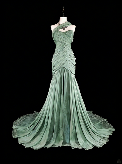 Vintage Prom Dresses Aesthetic Mermaid One Shoulder Sage Green Chiffon With Appliques Long Formal Dress N2161