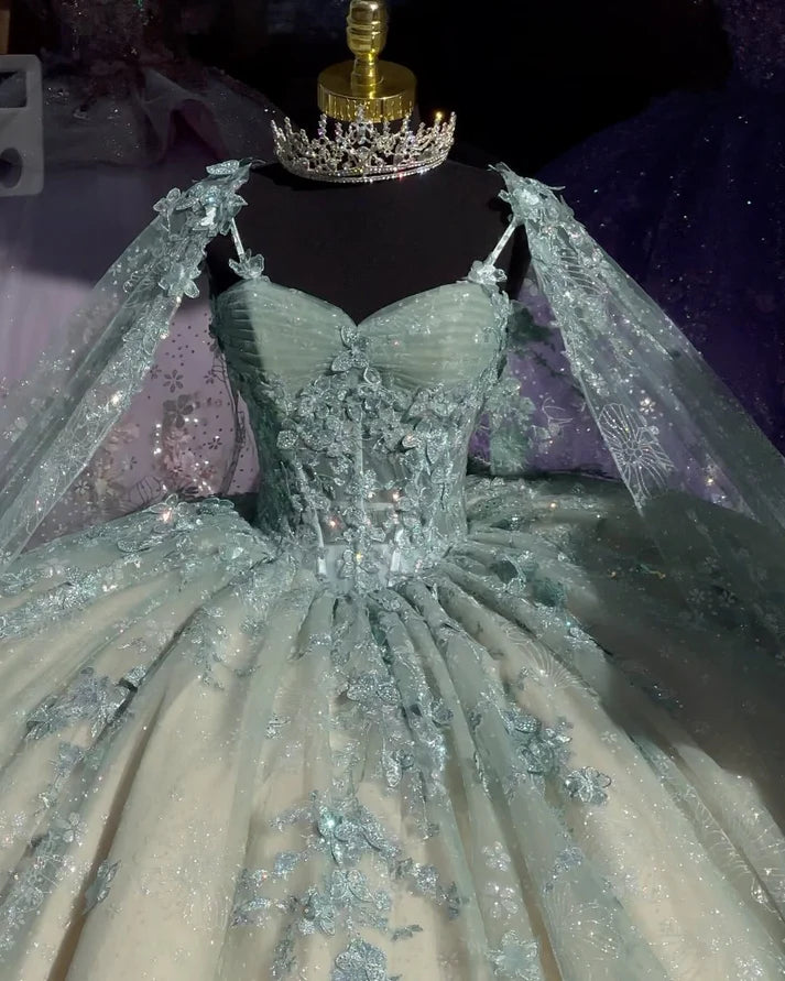 Cute Ball Gown Spaghetti Straps Tulle Long Sleeveless Appliques Quinceanera Dress Sweet 15 16 Dresses DH2907