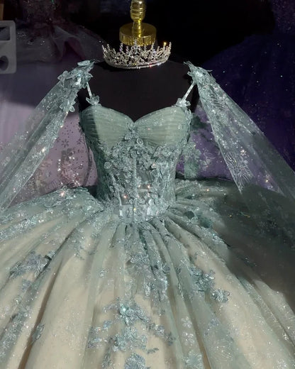 Cute Ball Gown Spaghetti Straps Tulle Long Sleeveless Appliques Quinceanera Dress Sweet 15 16 Dresses DH2907