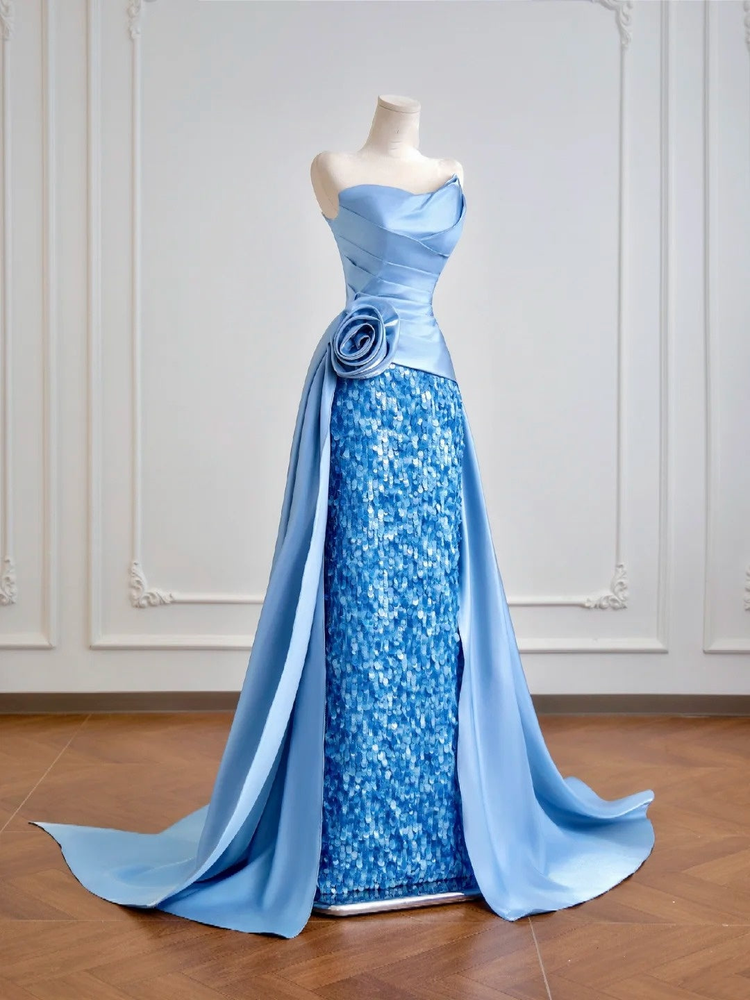 Luxurious Mermaid Strapless Blue Satin With Sequins Prom Dresses Long Evening Formal Birthday Party Gowns N381