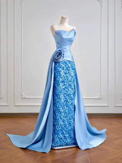 Luxurious Mermaid Strapless Blue Satin With Sequins Prom Dresses Long Evening Formal Birthday Party Gowns N381