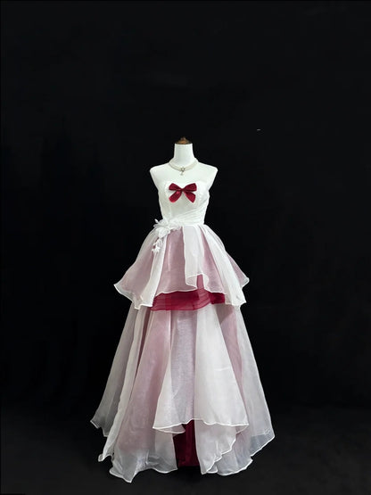 White Sweet 16 Dresses Long Ball Gown Strapless Burgundy With Ruffled Sweet Sixteen Birthday Gown RC0228