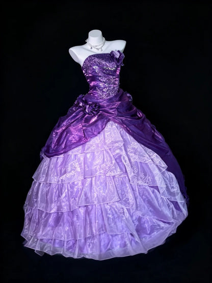 Princess Ball Gown Strapless Purple Organza Quince Dress Long Sweet 15 16 Quinceanera Dresses Vestido de princesa RB4467