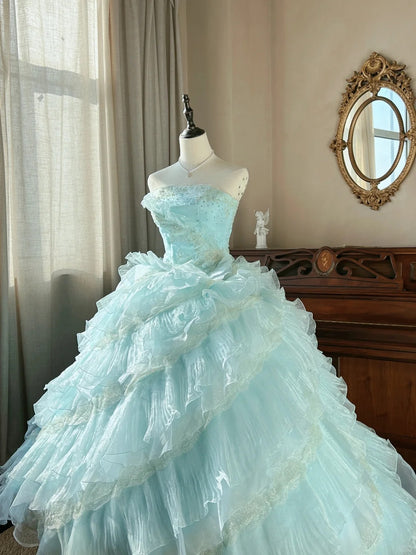 Cute  Ball Gown Strapless Light Blue With Layers Tiered Sweet 16 Dresses Long 15 Vestidos De Fiesta N2268