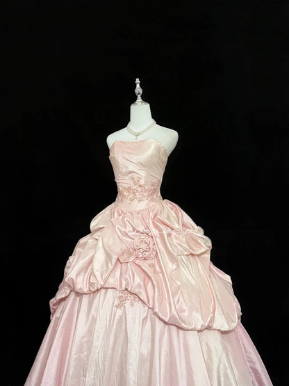 Cute Sweet 16 Dresses Long Ball Gown Strapless Blush Pink Satin With Lace Formal Sweet Sixteen Birthday Gown RC0258