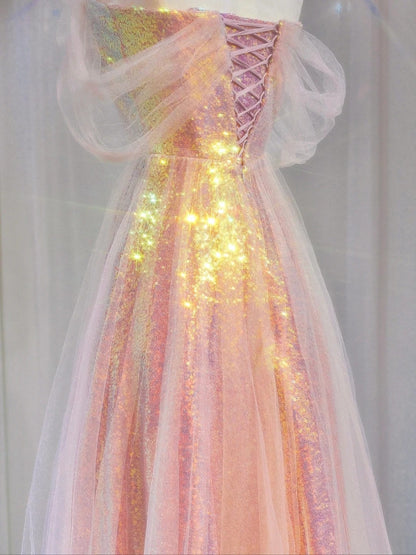 Gorgeous A line Off The Shoulder Pink Sequined With Short Sleeves Formal Evening Dress Gowns Long Prom Dresses N721