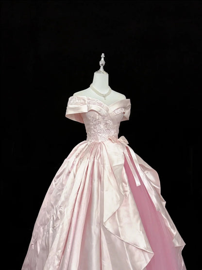 Tulle Prom Dress Long Floor Length Ball Gown Off Shoulder Pink With Bow-knot Lace Formal Evening Gown For Women RC0255