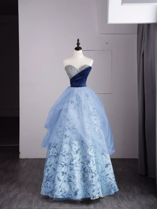 Cute Ball Gown Sweetheart Blue Tulle Floral Sleeveless With Beaded Bodice Long Quinceanera Dresses Sweet 15 16 Birthday Outfit N689