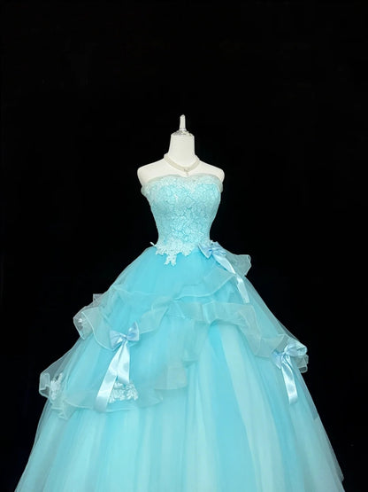 Blue Sweet 16 Dresses Long Ball Gown Strapless Lace Tulle Formal Sweet Sixteen Birthday Gown RC0243