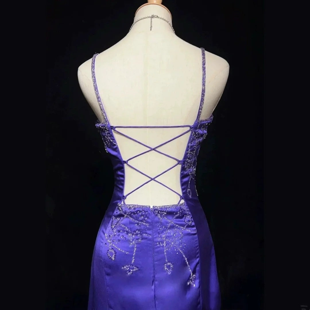 Elegant Mermaid Spaghetti Straps Grape Satin Long Prom Dresses Formal Party Gowns Vestidos De Dia N767