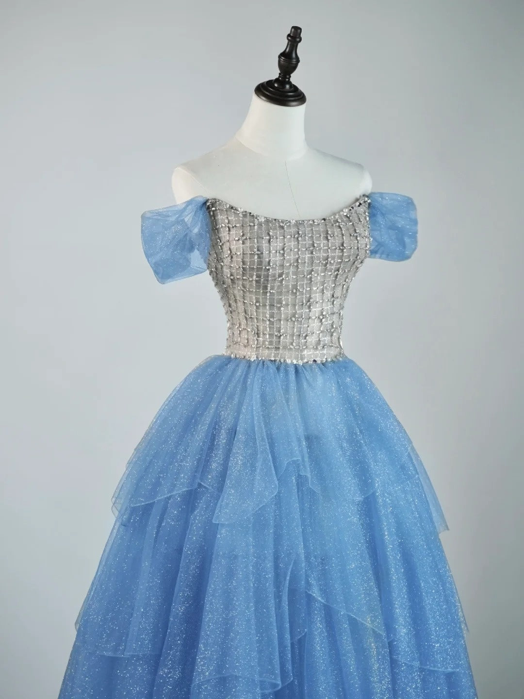 Princess Ball Gown Off The Shoulder Tulle Blue College Formal Outfit Prom Graduation Dresses For Teens N1347