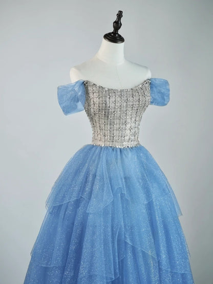 Princess Ball Gown Off The Shoulder Tulle Blue College Formal Outfit Prom Graduation Dresses For Teens N1347