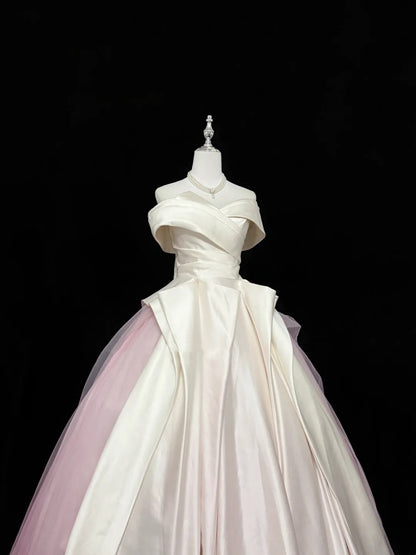 Sweet 16 Dresses Long Ball Gown Off Shoulder With Sleeves Pink Tulle Sweet Sixteen Birthday Gown RC0339