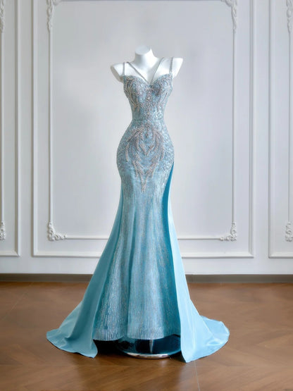 Luxurious Mermaid Spaghetti Strap Blue With Silver Beaded Prom Dresses Long Evening Formal Birthday Party Gowns N380