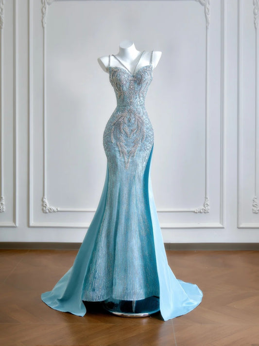 Luxurious Mermaid Spaghetti Strap Blue With Silver Beaded Prom Dresses Long Evening Formal Birthday Party Gowns N380