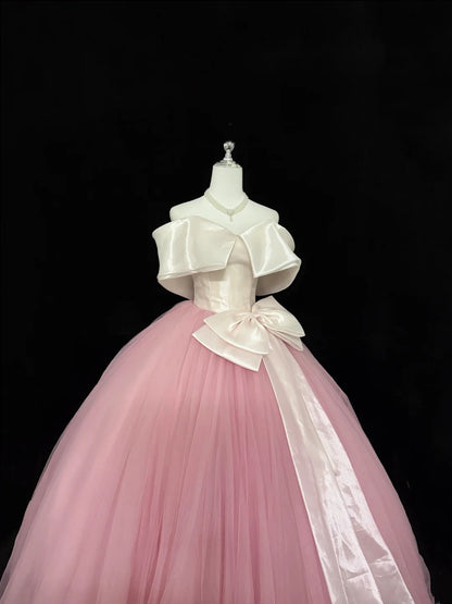 Prom Dress Long Floor Length Ball Gown Off Shoulder Tulle Pink With Sleeves Formal Evening Gown For Women RC0287