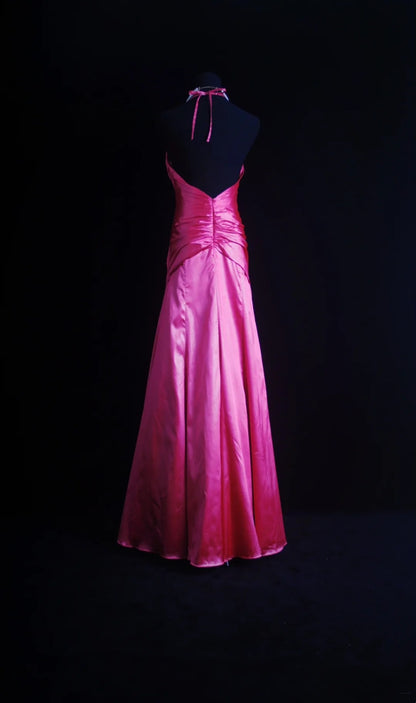 Retro A line Halter Hot Pink Satin 2000s Long Prom Dresses Inspo 19th Birthday Outfits Formal Dress N502