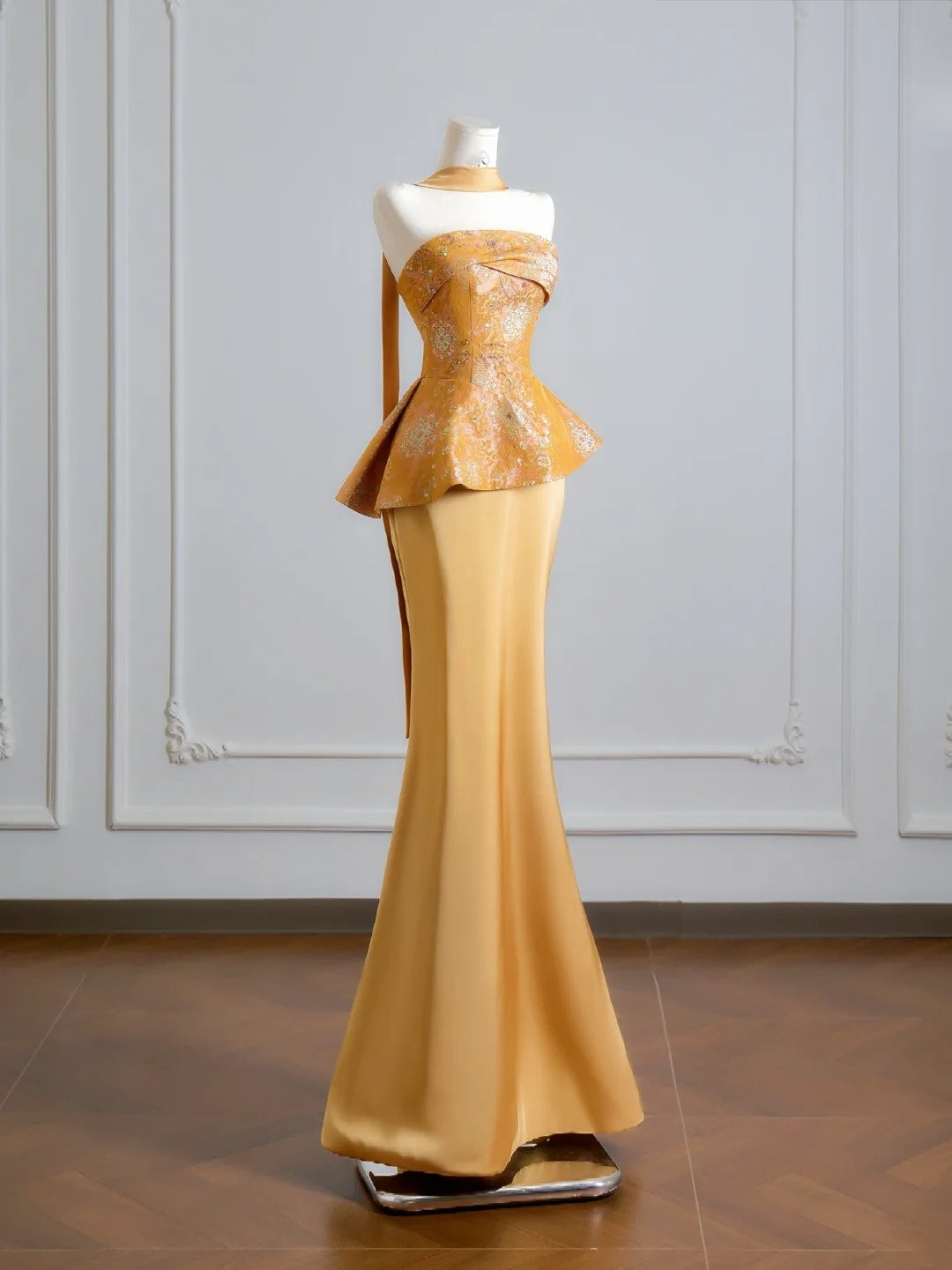 Romantic Mermaid Strapless Gold With Scarf Long Prom Dresses Impress 18th Birthday Outfits Party Gown N398