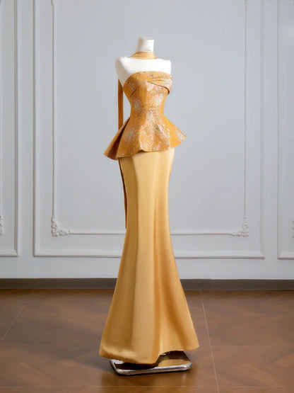 Romantic Mermaid Strapless Gold With Scarf Long Prom Dresses Impress 18th Birthday Outfits Party Gown N398