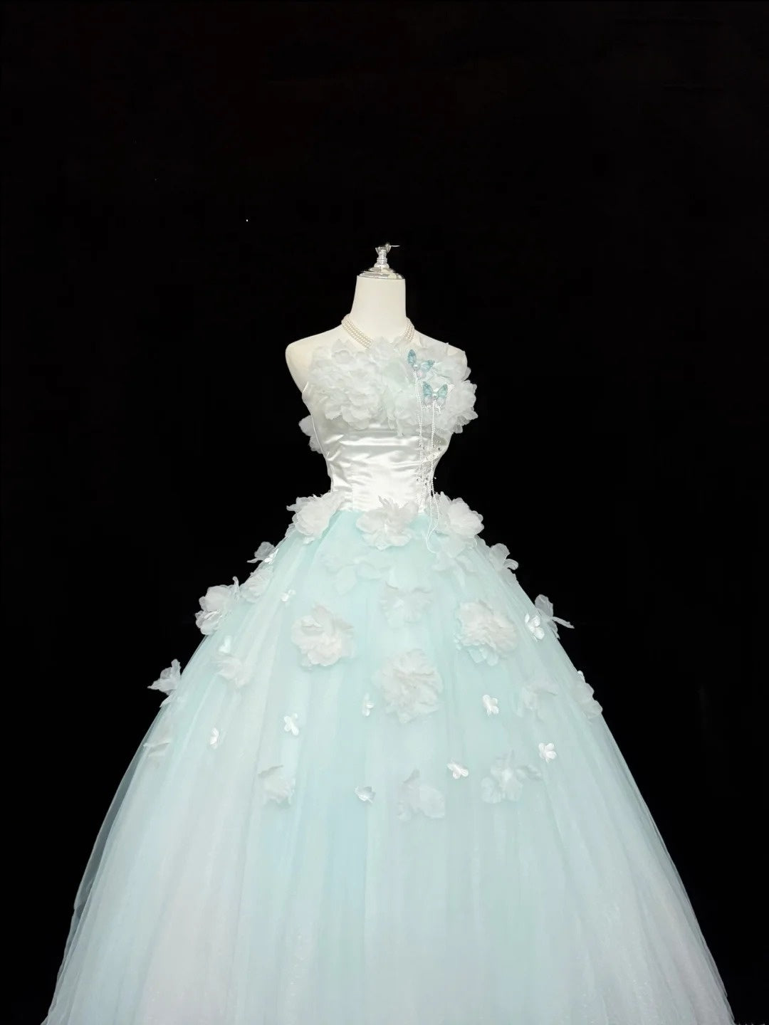 Cute Sweet 16 Dresses Long Ball Gown Strapless Blue With Flowers Tulle Formal Sweet Sixteen Birthday Gown RC0256