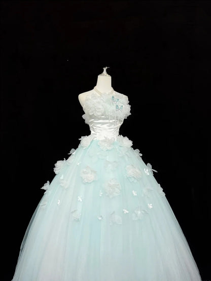 Cute Sweet 16 Dresses Long Ball Gown Strapless Blue With Flowers Tulle Formal Sweet Sixteen Birthday Gown RC0256