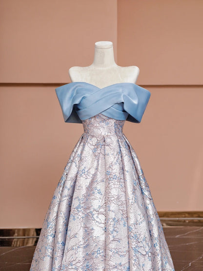 Gorgeous A line Off The Shoulder Blue With Sleeves Satin Formal Evening Dress Gowns Prom Dresses N726