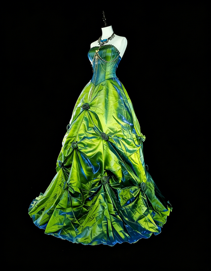 Vintage Prom Dresses Ball Gown Strapless Green Taffeta With Ruffle 1980s Long Formal Gown N2714