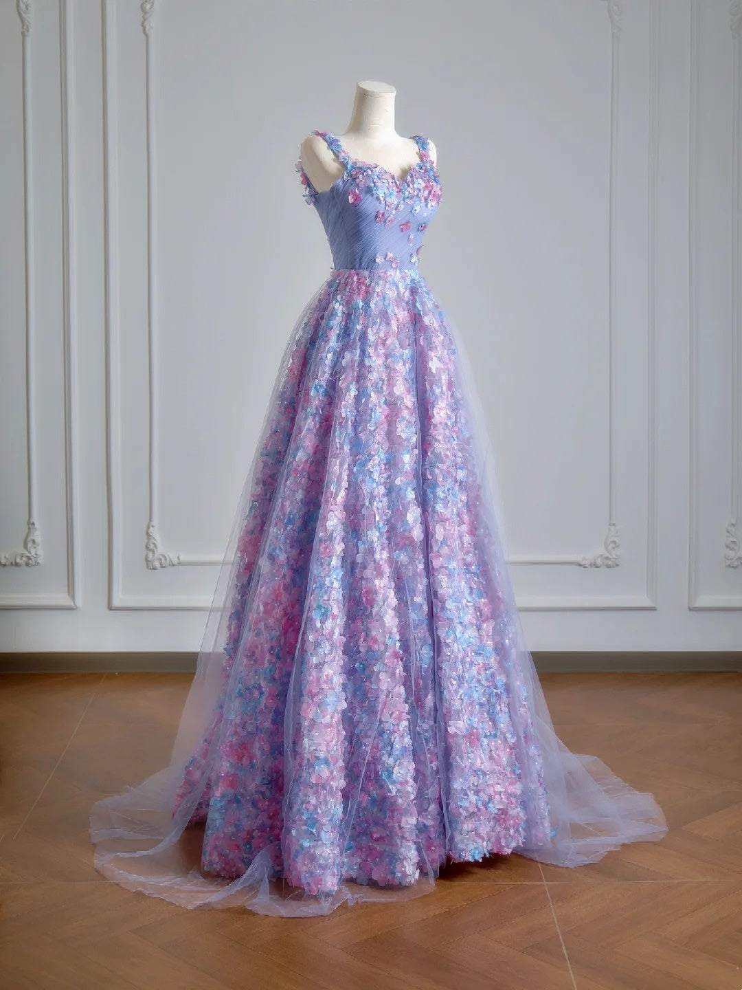 Princess A line Spaghetti Straps Lilac Tulle Floral Prom Dresses Long Evening Formal Gown With Scarf Party Gowns N347