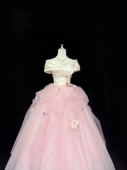 Cute Sweet 16 Dresses Long Ball Gown Off Shoulder Pink Tulle Formal Sweet Sixteen Birthday Gown RC0249