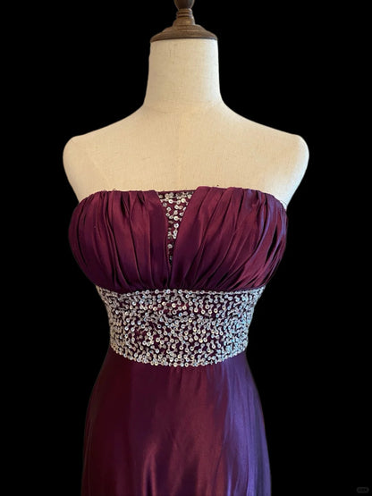 Vintage A line Strapless Purple With Beads Satin Prom Dresses Inspo Evening Outfits RB4025