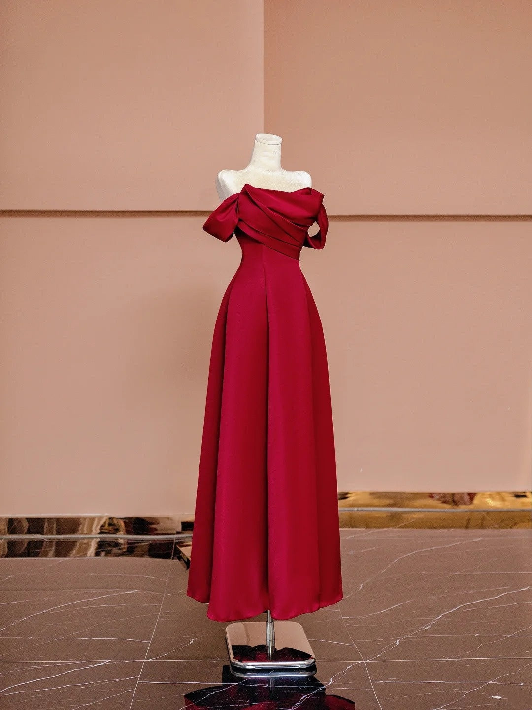 Gorgeous A line Off The Shoulder Burgundy Satin With Short Sleeves Formal Evening Dress Gowns Long Prom Dresses N722