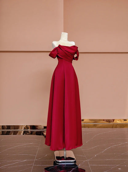 Gorgeous A line Off The Shoulder Burgundy Satin With Short Sleeves Formal Evening Dress Gowns Long Prom Dresses N722