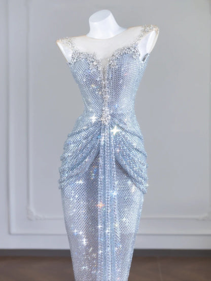 Sparkly Mermaid Scoop Neck Silver Sequin With Beaded Long Prom Dresses Formal Dress Party Birthday Outfits N406