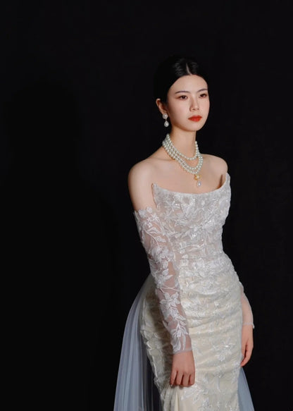 Romantic Long Wedding Dresses White Mermaid Strapless Lace Long Wedding Dress For Brides Fitted With Train Bridal Gowns AB2474